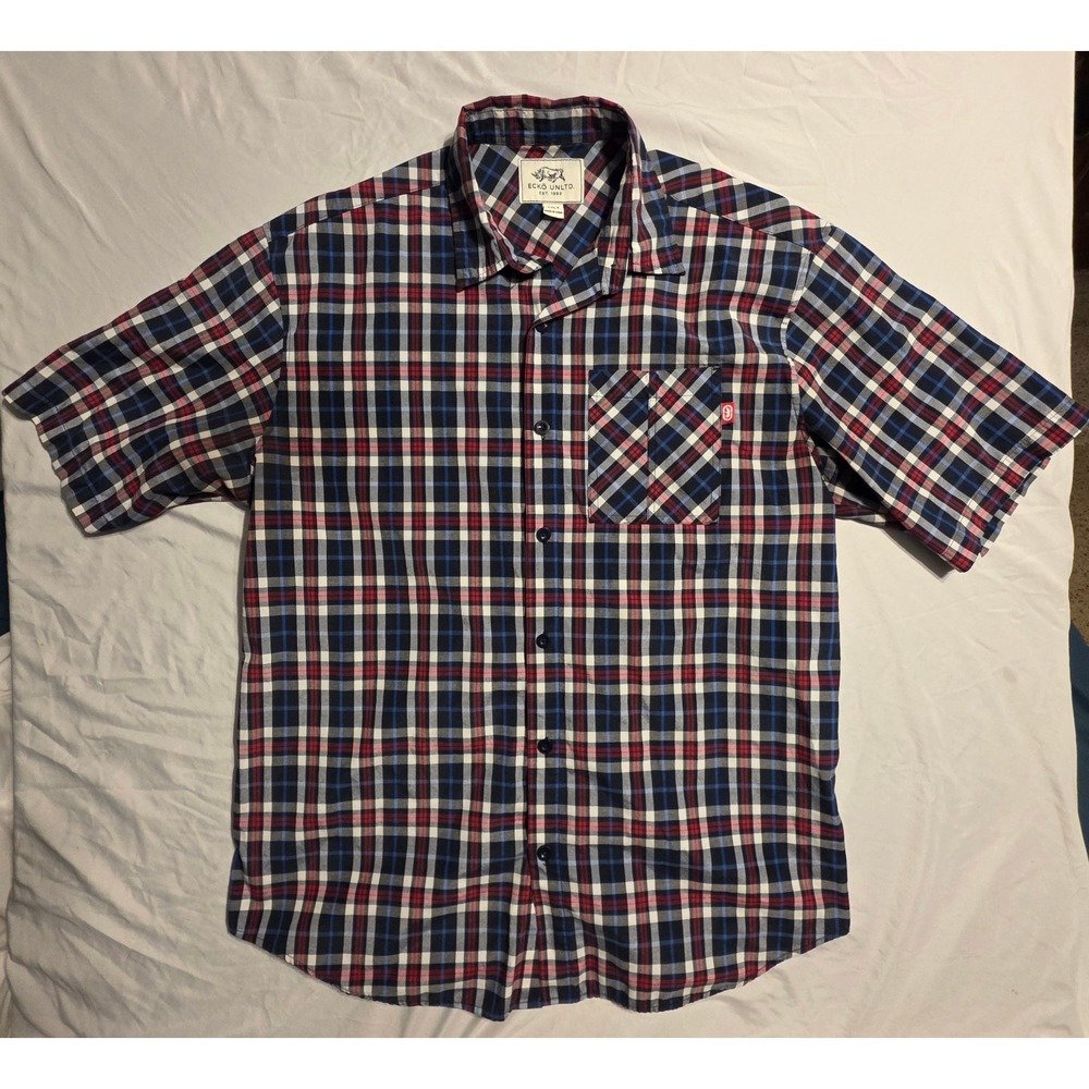 Ecko Unltd Men's 2XLT Plaid Button Up Shirt Short Sleeve Tall Red Blue Cotton